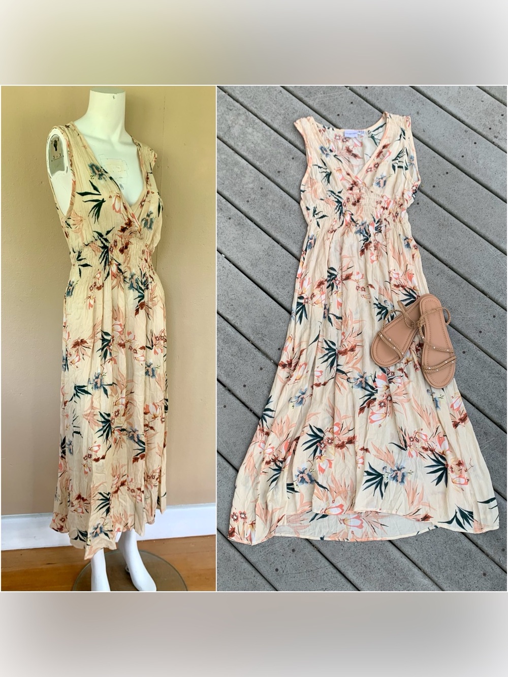 Vintage 90s Sleeveless Floral V-Neck Summer MIDI Dress